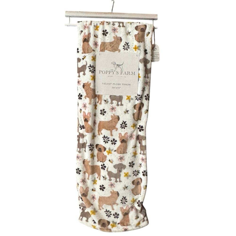 Poppy’s Farm Spring Throw Blanket Frenchie Dogs Bumblebee Daisy Flowers NEW